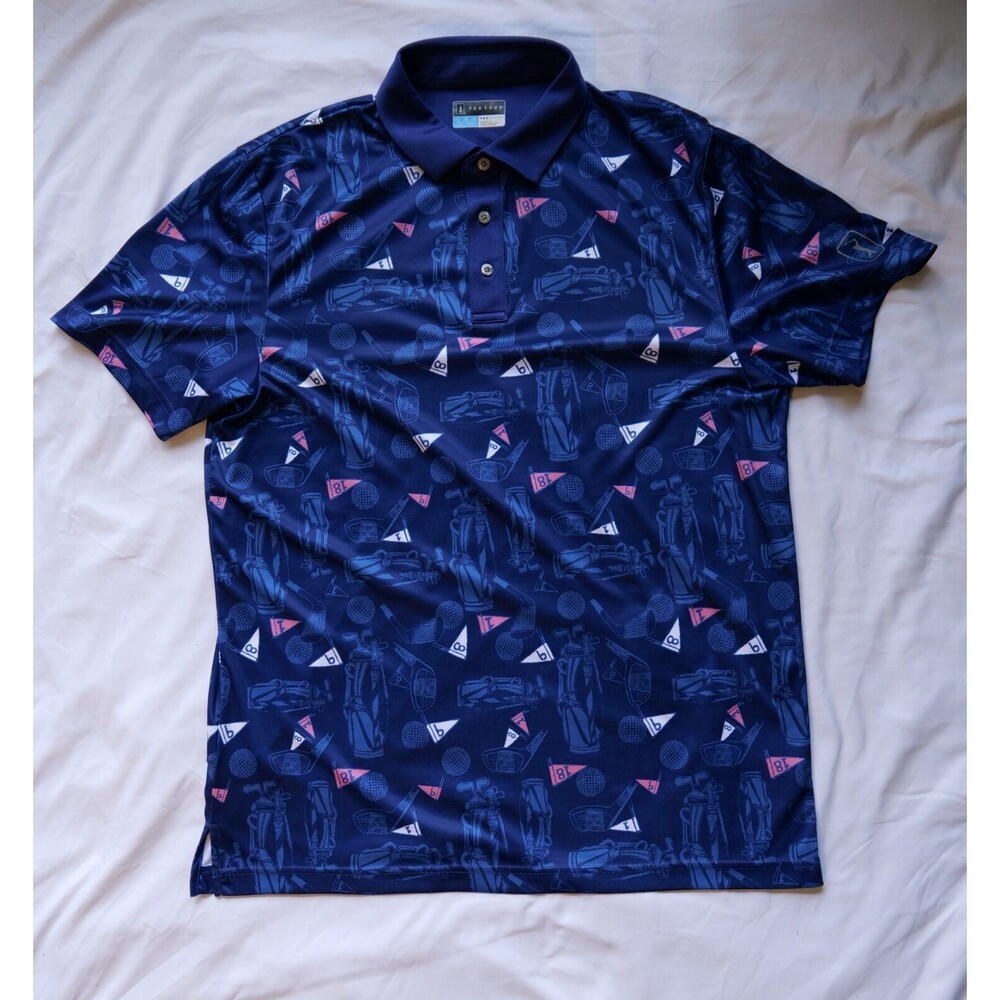 PGA Tour Pro Series Mens Blue Golf Print Polo Shirt Size Large